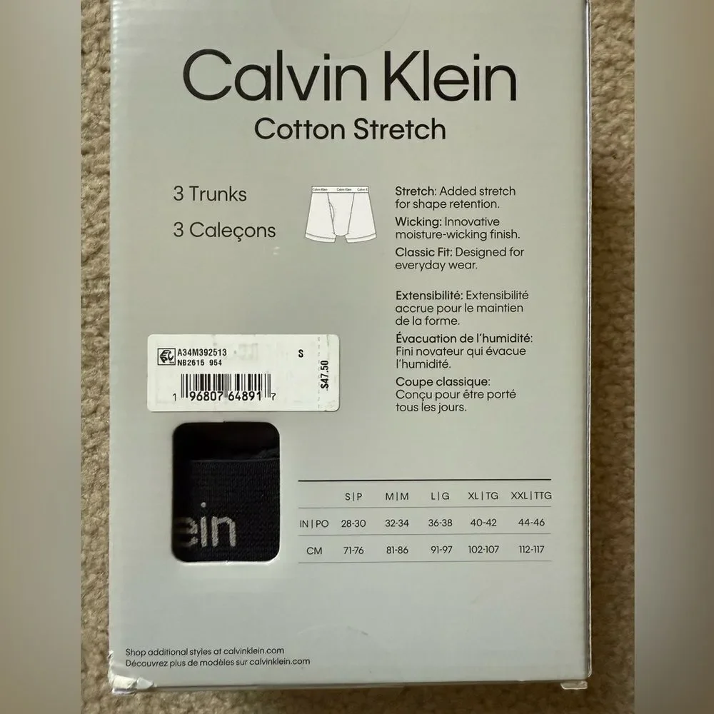 Calvin Klein Men's Cotton Stretch Underwear Classic Fit Black Size S 3 pack